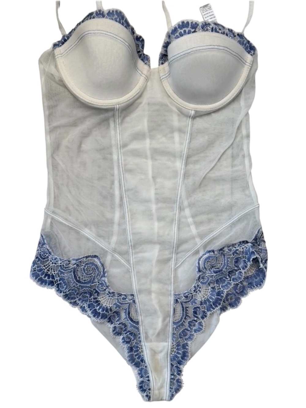 La Perla White Semi Sheer Push‎ Up Bodysuit Bustier Blue Lace Trim 34 B Lingerie